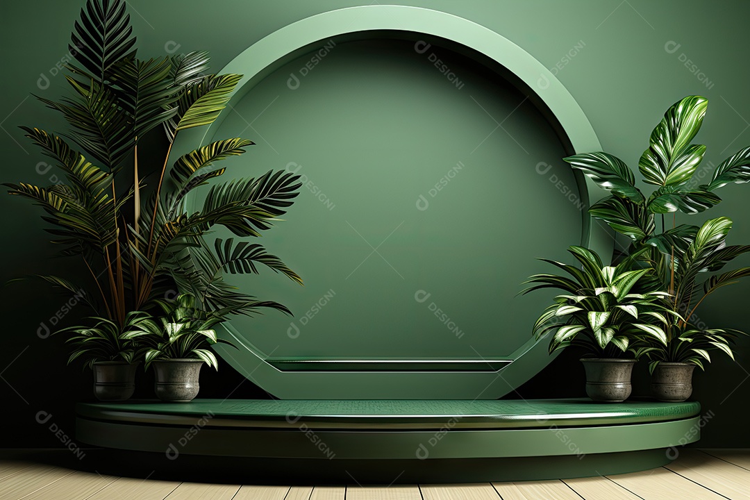 Renderização 3D de fundo verde com folhas tropicais e pódios