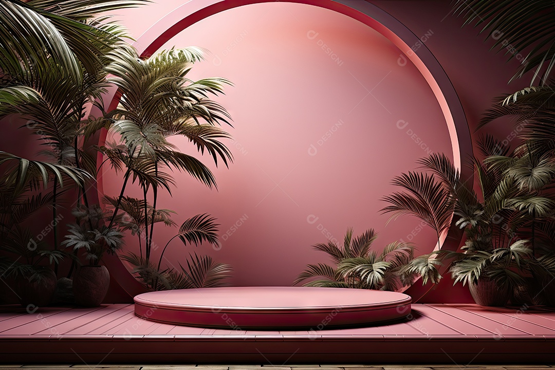 Renderização 3D de fundo rosa com folhas tropicais e pódios