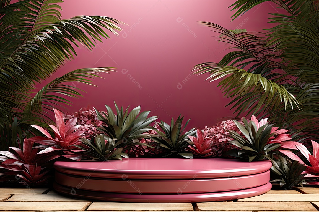 Renderização 3D de fundo rosa com folhas tropicais e pódios