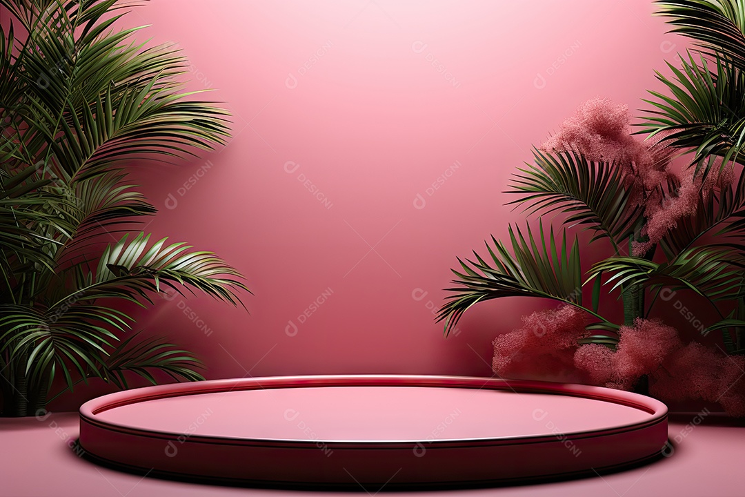 Renderização 3D de fundo rosa com folhas tropicais e pódios