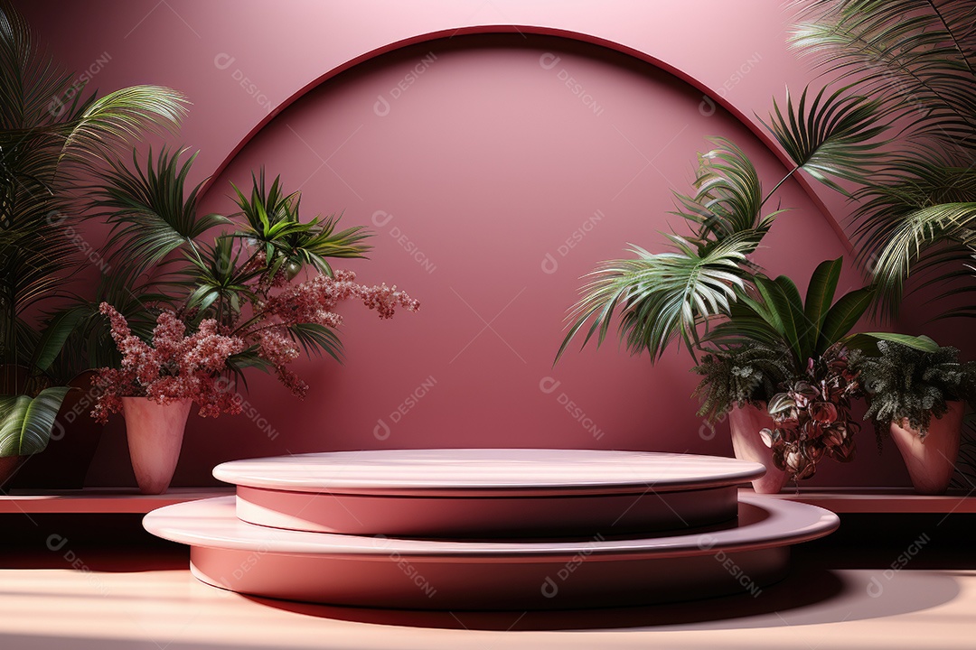 Renderização 3D de fundo rosa com folhas tropicais e pódios