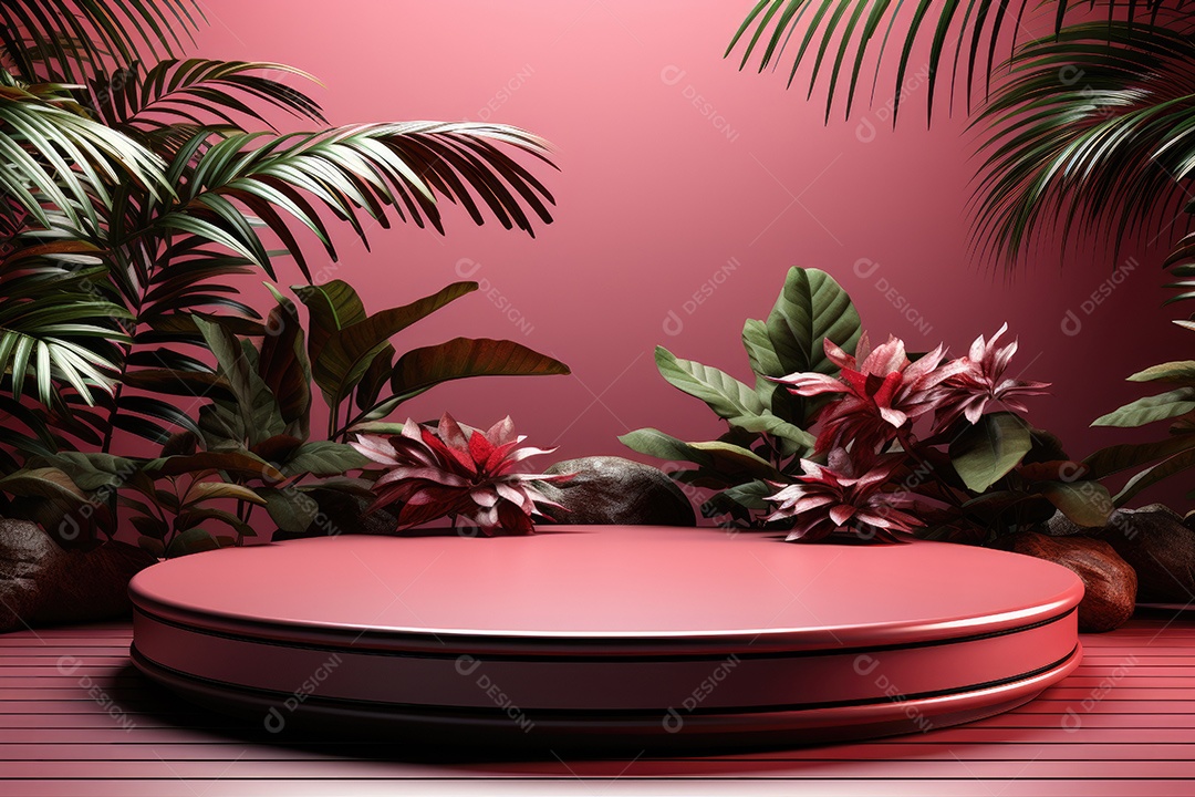 Renderização 3D de fundo rosa com folhas tropicais e pódios