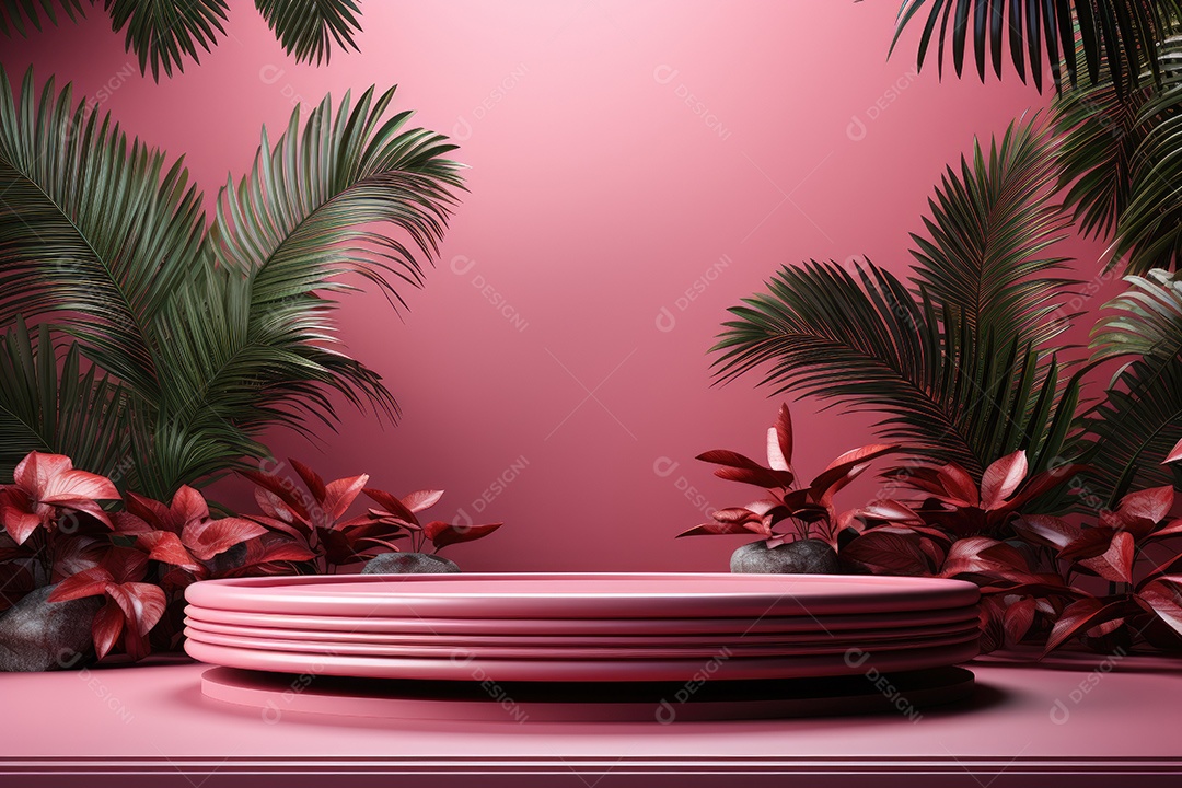 Renderização 3D de fundo rosa com folhas tropicais e pódios
