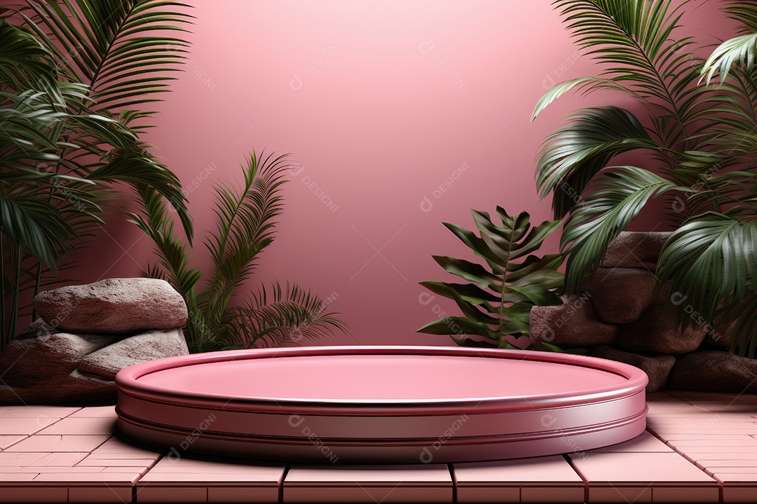 Renderização 3D de fundo rosa com folhas tropicais e pódios