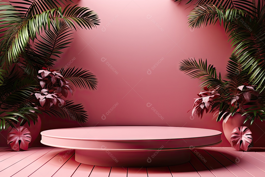 Renderização 3D de fundo rosa com folhas tropicais e pódios