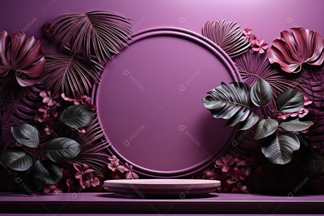 Renderização 3D de fundo roxo com folhas tropicais e pódios