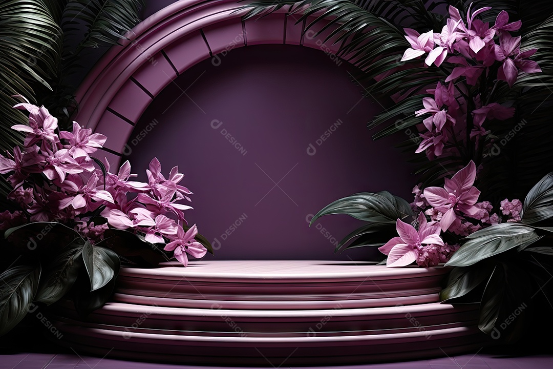 Renderização 3D de fundo roxo com folhas tropicais e pódios