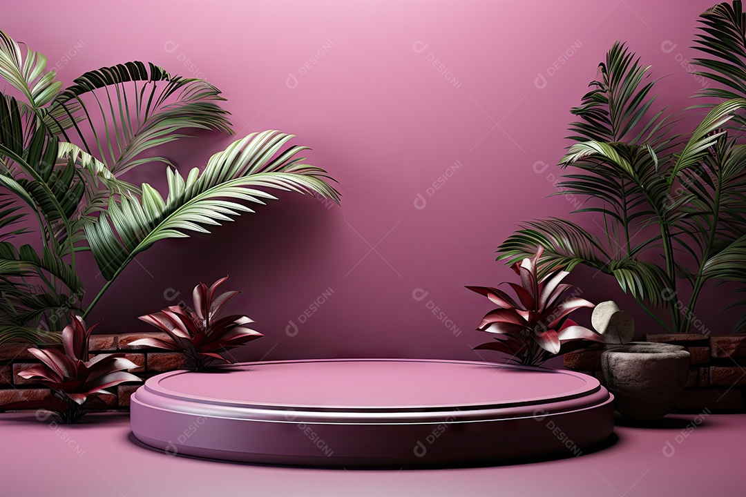 Renderização 3D de fundo roxo com folhas tropicais e pódios