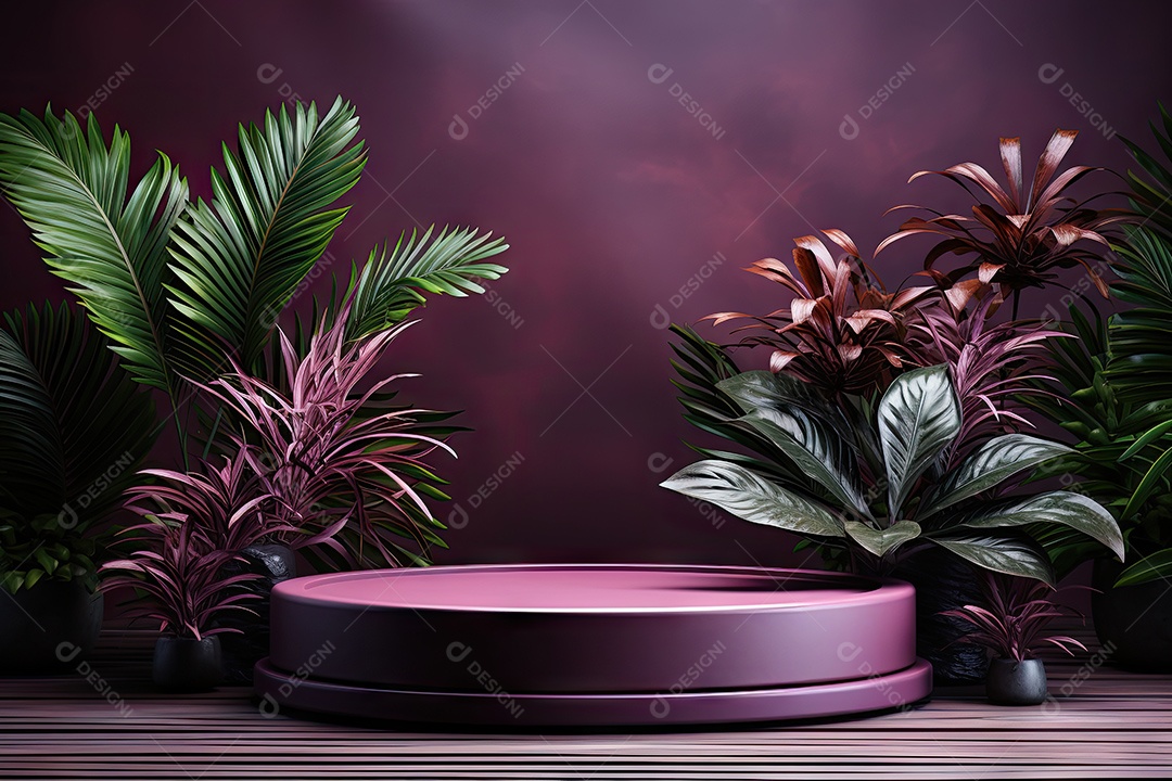 Renderização 3D de fundo roxo com folhas tropicais e pódios