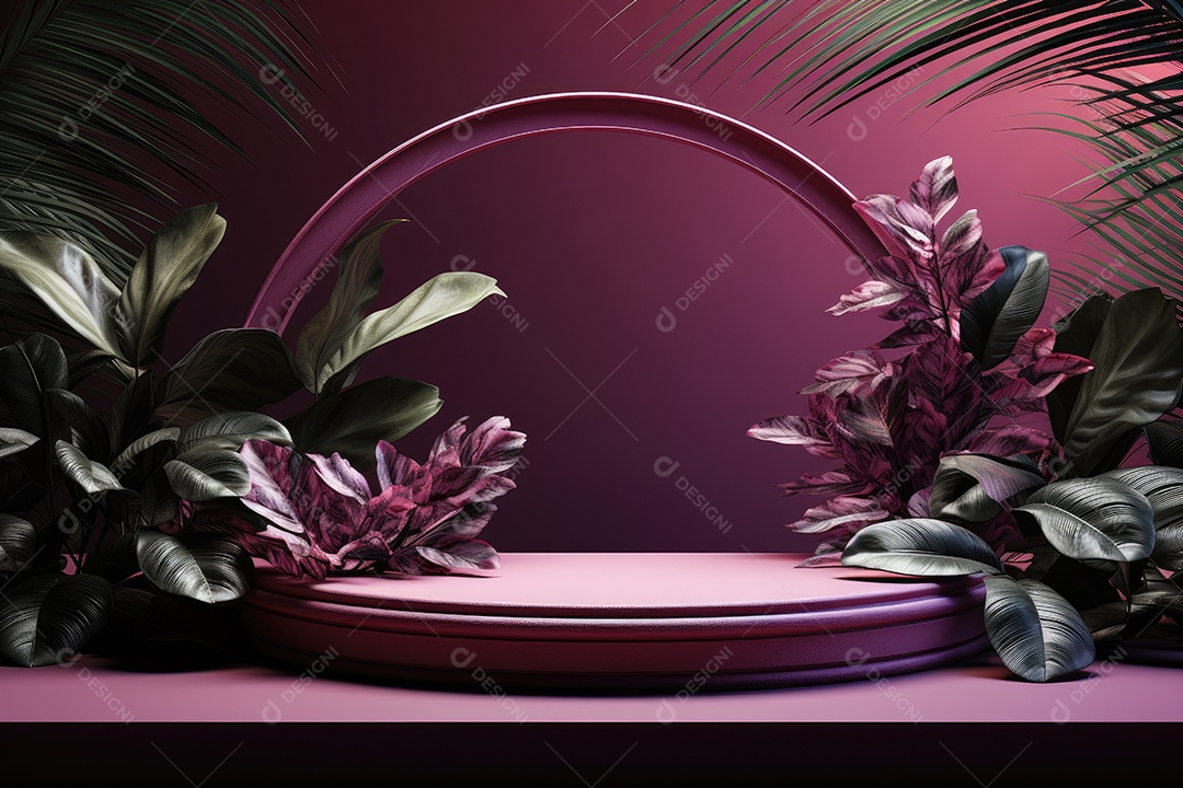 Renderização 3D de fundo roxo com folhas tropicais e pódios