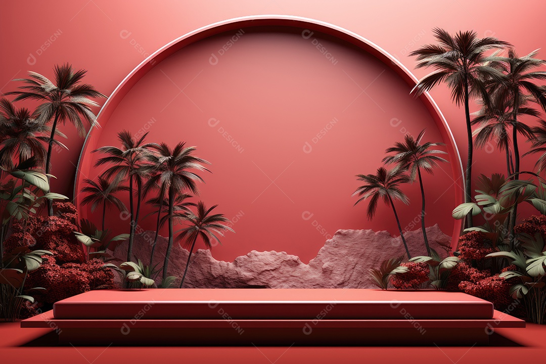Renderização 3D de fundo vermelho com folhas tropicais e pódios