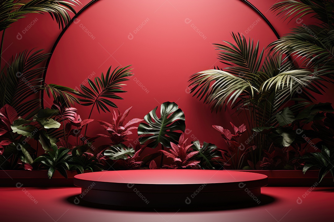 Renderização 3D de fundo vermelho com folhas tropicais e pódios