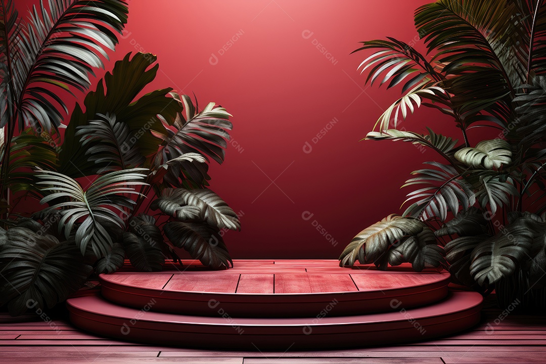 Renderização 3D de fundo vermelho com folhas tropicais e pódios
