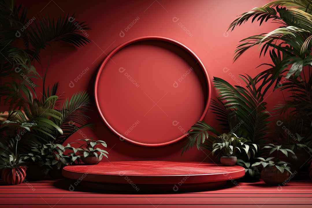 Renderização 3D de fundo vermelho com folhas tropicais e pódios