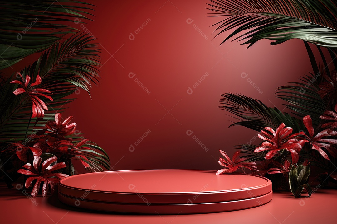 Renderização 3D de fundo vermelho com folhas tropicais e pódios