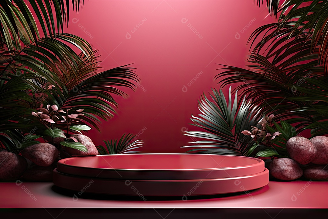 Renderização 3D de fundo vermelho com folhas tropicais e pódios