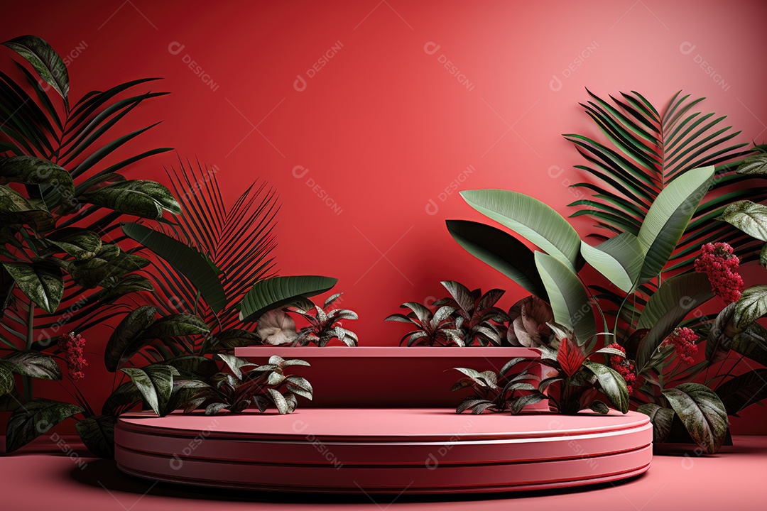 Renderização 3D de fundo vermelho com folhas tropicais e pódios