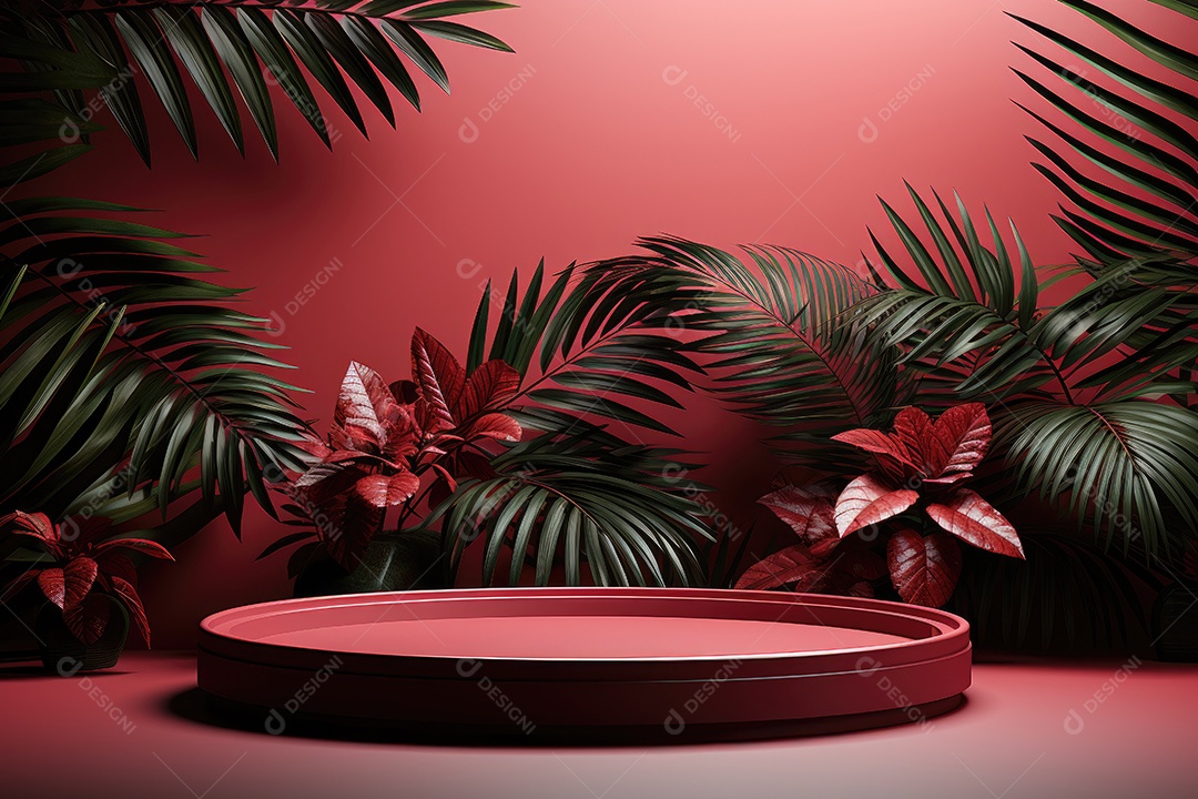 Renderização 3D de fundo vermelho com folhas tropicais e pódios