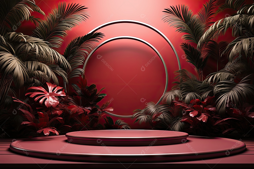 Renderização 3D de fundo vermelho com folhas tropicais e pódios