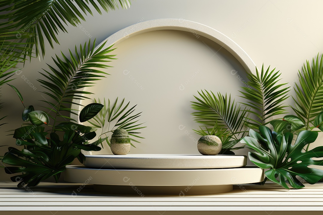 Renderização 3D de fundo branco com folhas tropicais e pódios