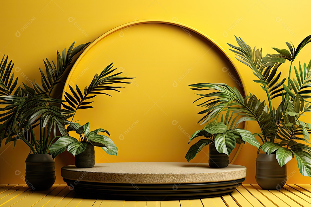 Renderização 3D de fundo com folhas tropicais e pódios