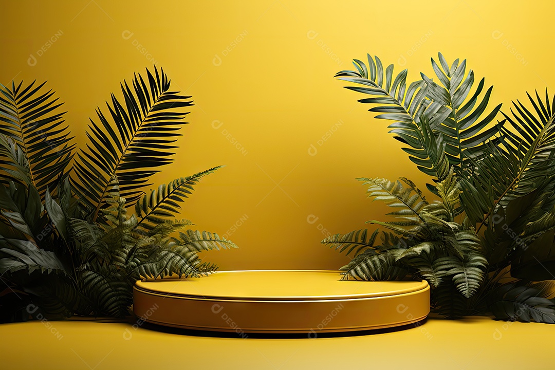 Renderização 3D de fundo com folhas tropicais e pódios