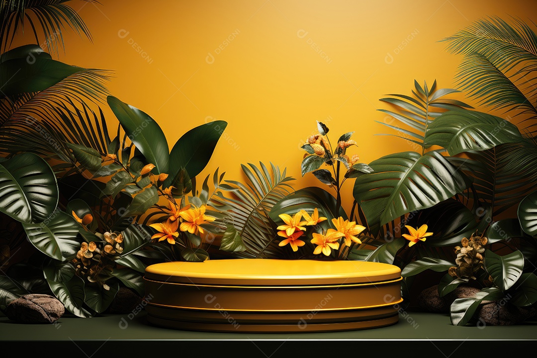 Renderização 3D de fundo com folhas tropicais e pódios