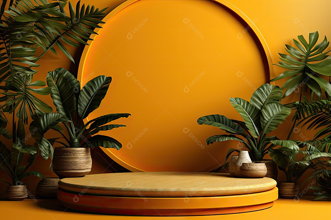 Renderização 3D de fundo com folhas tropicais e pódios