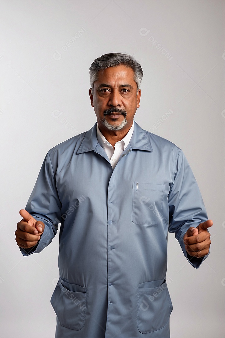 Homem idoso com com uniforme apontando para frente