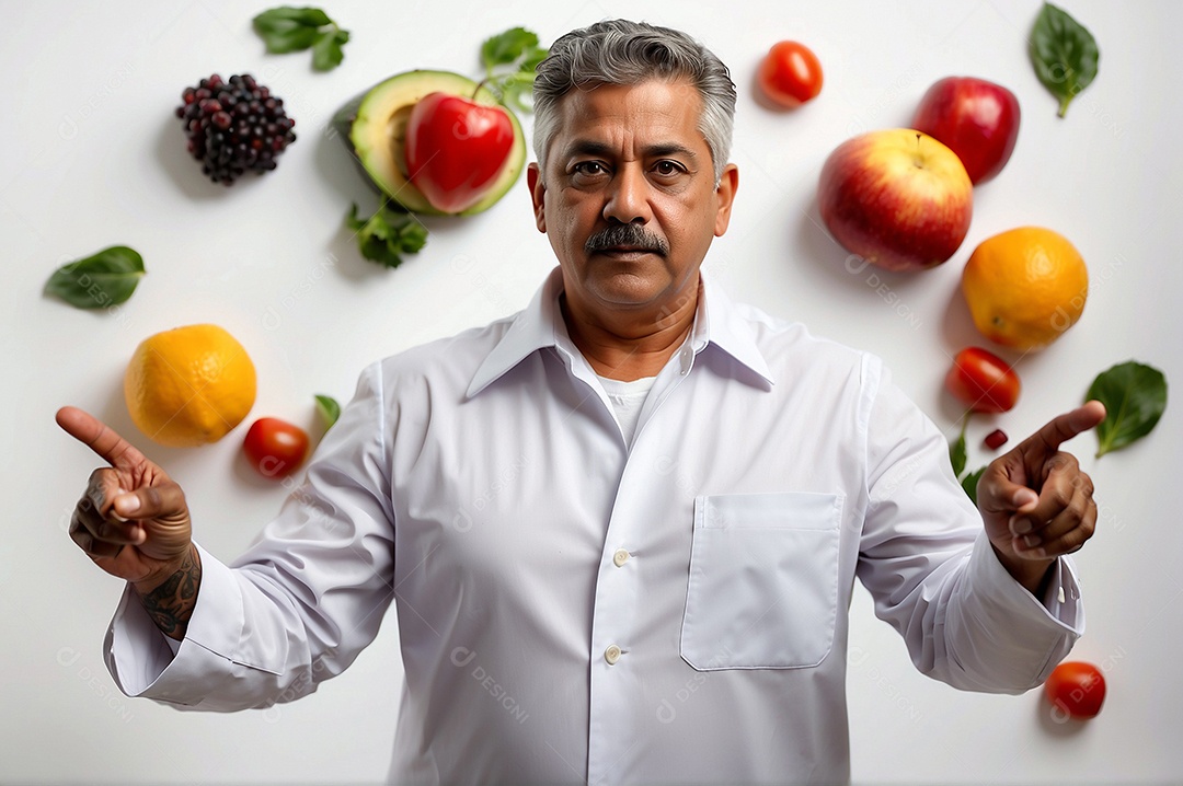 Homem idoso isolado apontando para os lados com fundo de frutas
