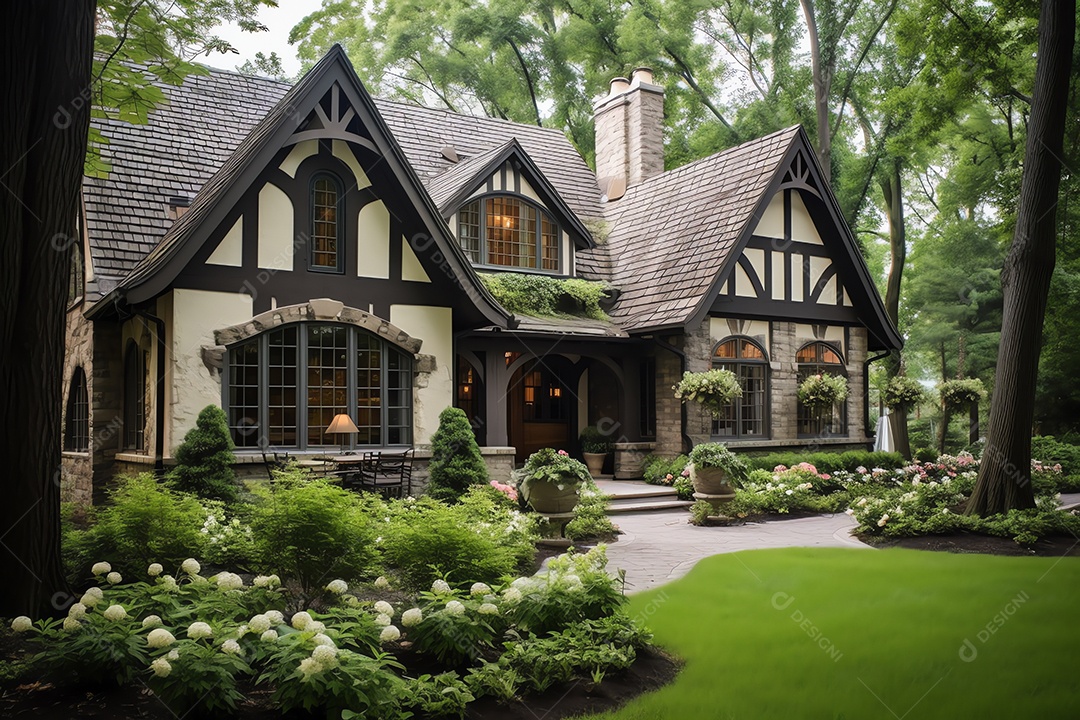 Casa tradicional de estilo europeu vintage inglês, arquitetura residencial