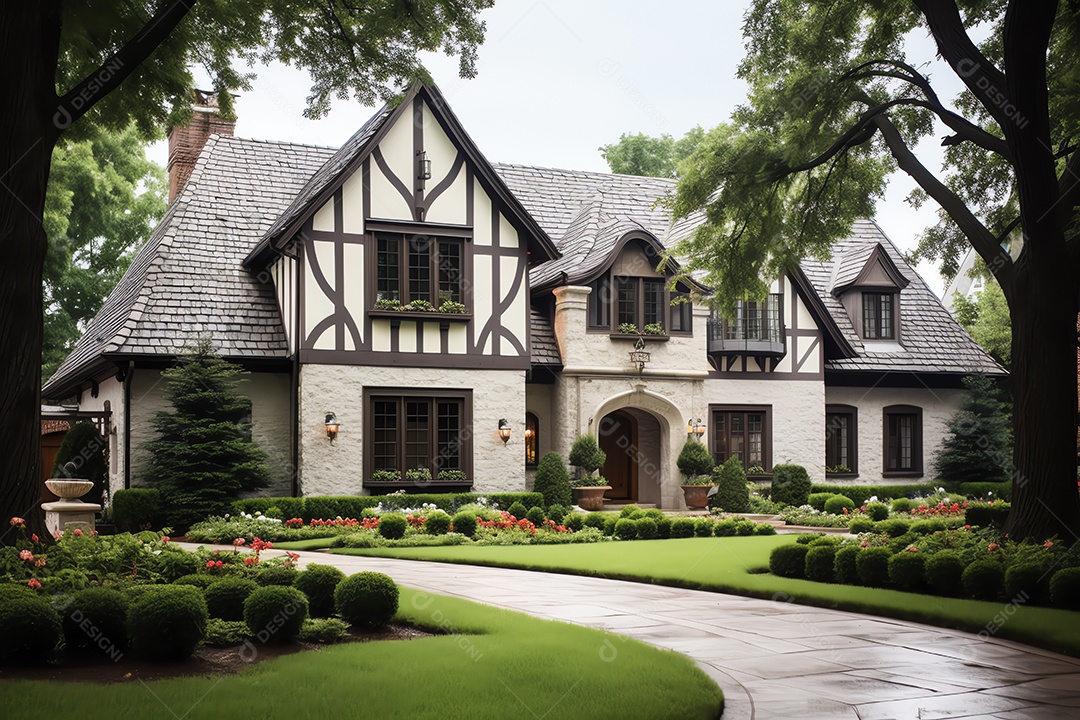Casa tradicional de estilo europeu vintage inglês, arquitetura residencial