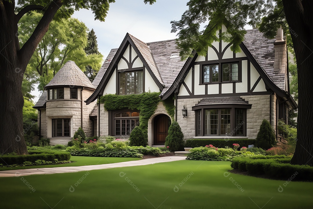 Casa tradicional de estilo europeu vintage inglês, arquitetura residencial
