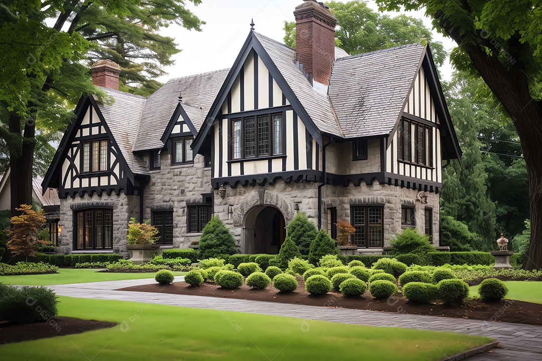 Casa tradicional de estilo europeu vintage inglês, arquitetura residencial