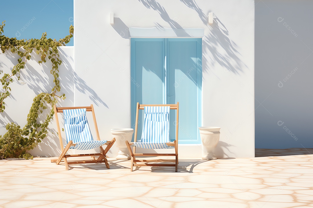 Casa mediterrânea tradicional com espreguiçadeira no terraço de verão