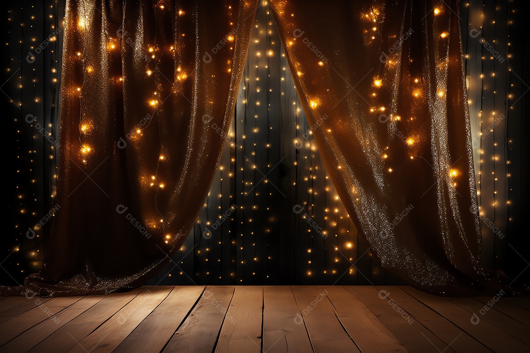 Comemore o evento no palco com cortina e brilhos dourados, feliz ano novo