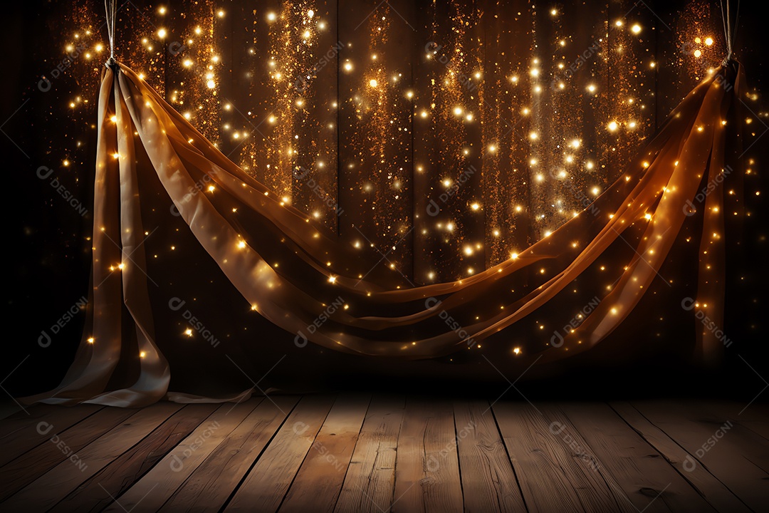 Comemore o evento no palco com cortina e brilhos dourados, feliz ano novo