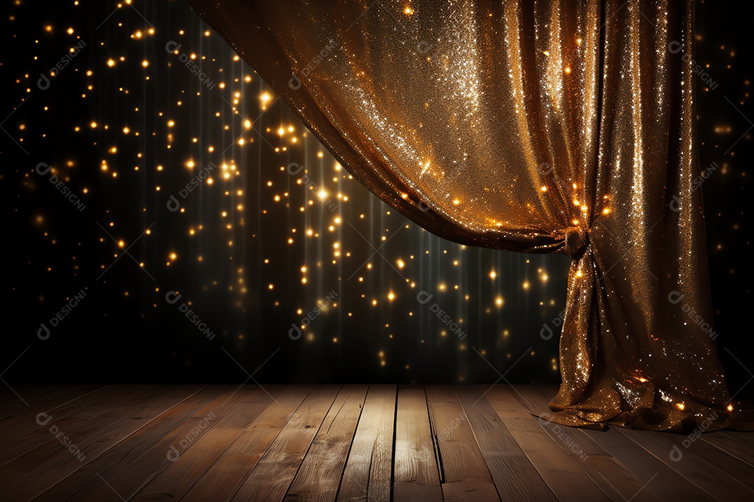 Comemore o evento no palco com cortina e brilhos dourados, feliz ano novo
