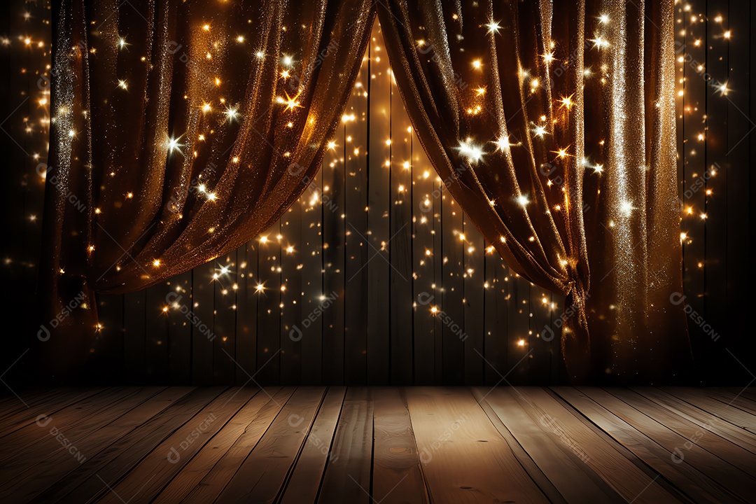 Comemore o evento no palco com cortina e brilhos dourados, feliz ano novo