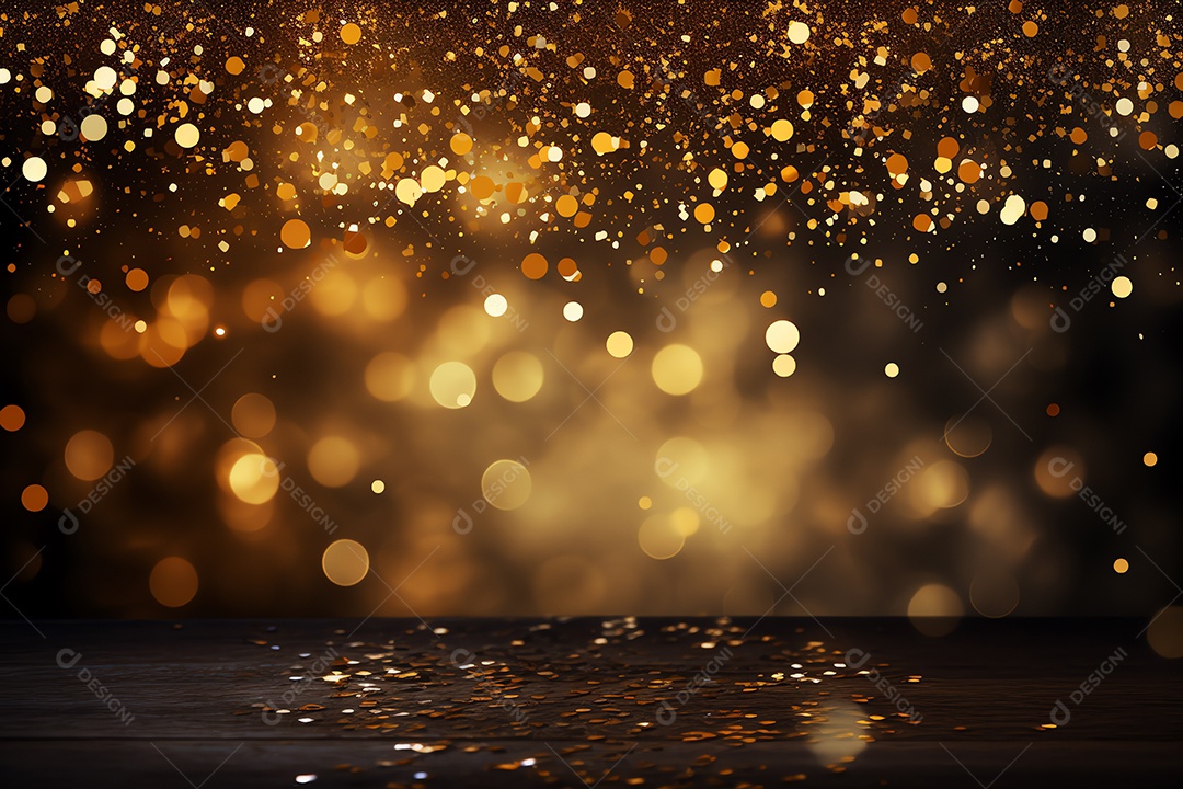 nComemore o evento no palco com cortina e brilhos dourados, feliz ano novo