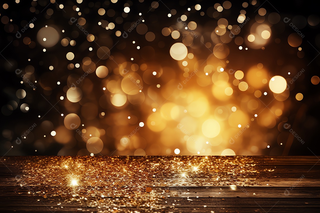 Comemore o evento no palco com cortina e brilhos dourados, feliz ano novo