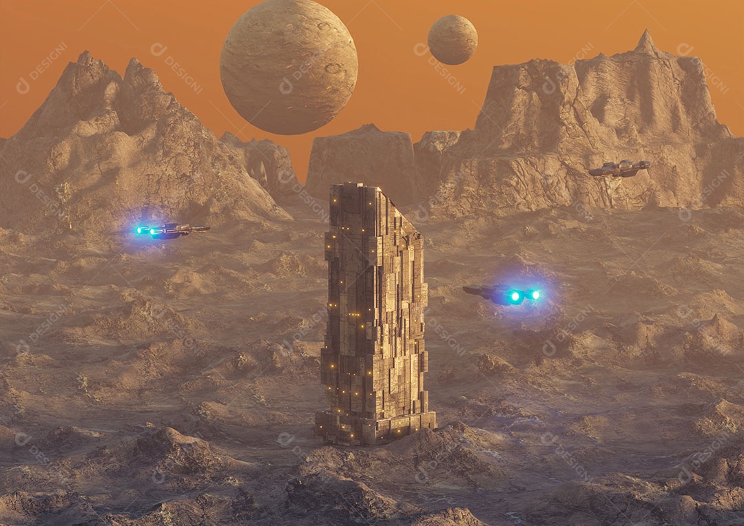 Paisagem de ficção científica com construção em forma de torre base de exploração espacial