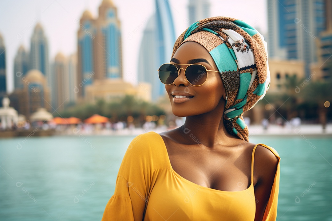 Mulher negra turista em Dubai