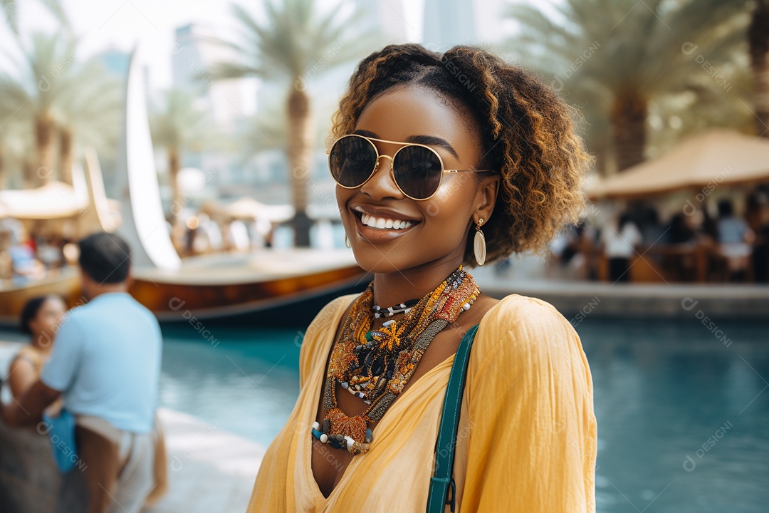 Mulher negra turista em Dubai