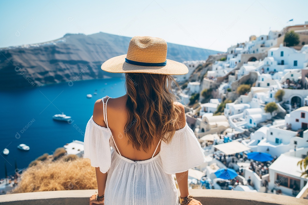 Mulher turista de Santorini