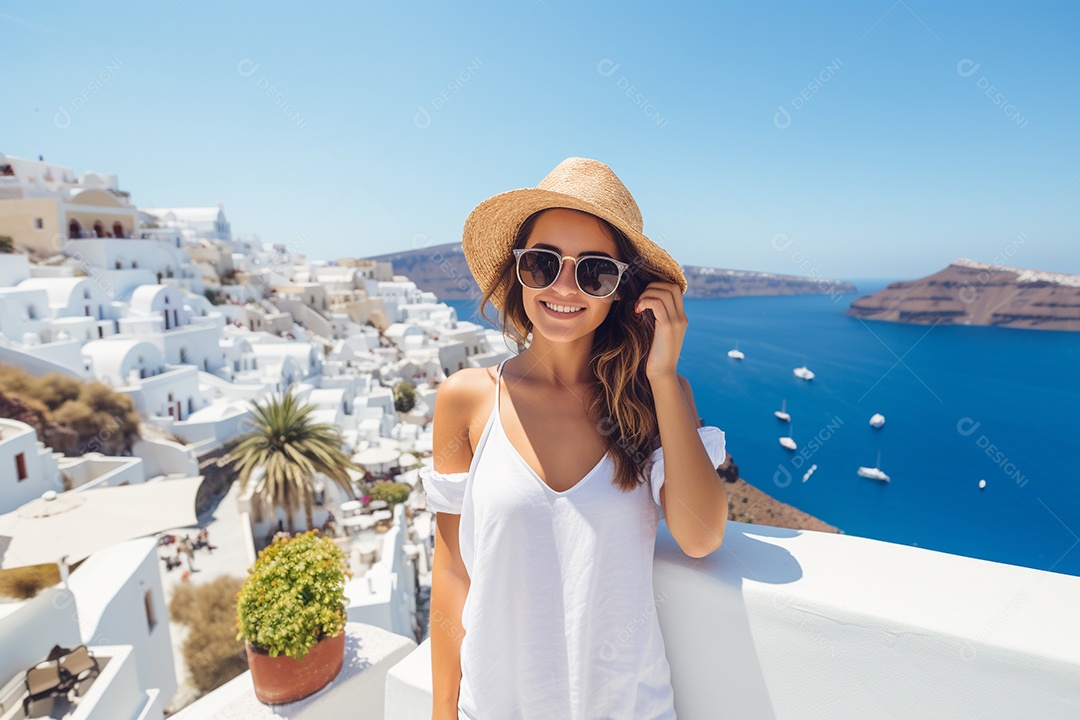 Mulher turista de Santorini
