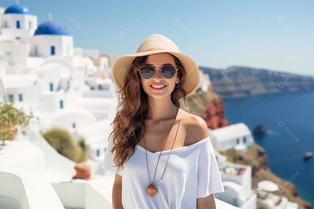 Mulher turista de Santorini