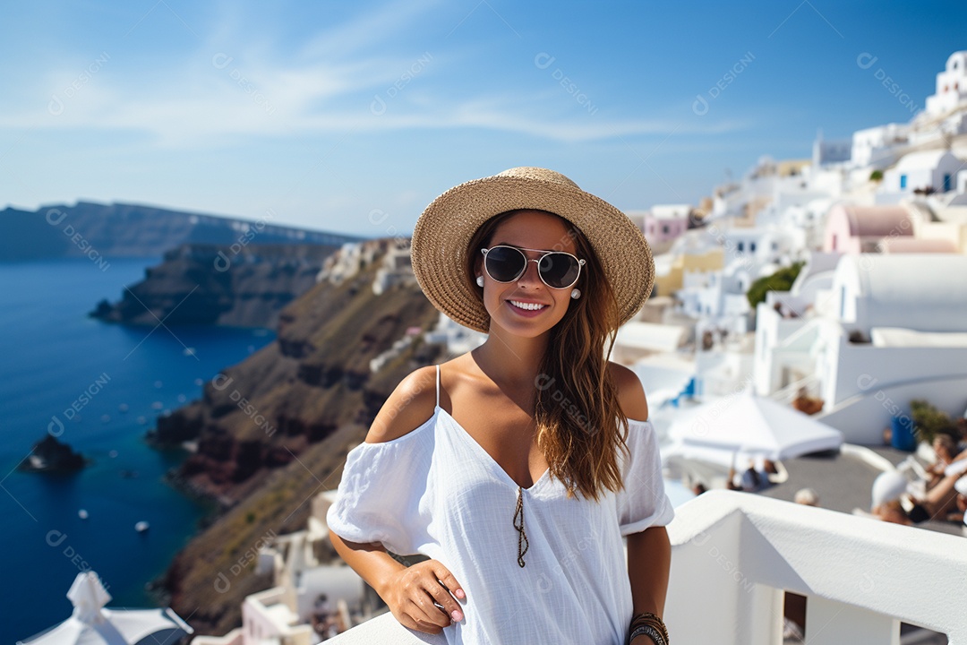 Mulher turista de Santorini