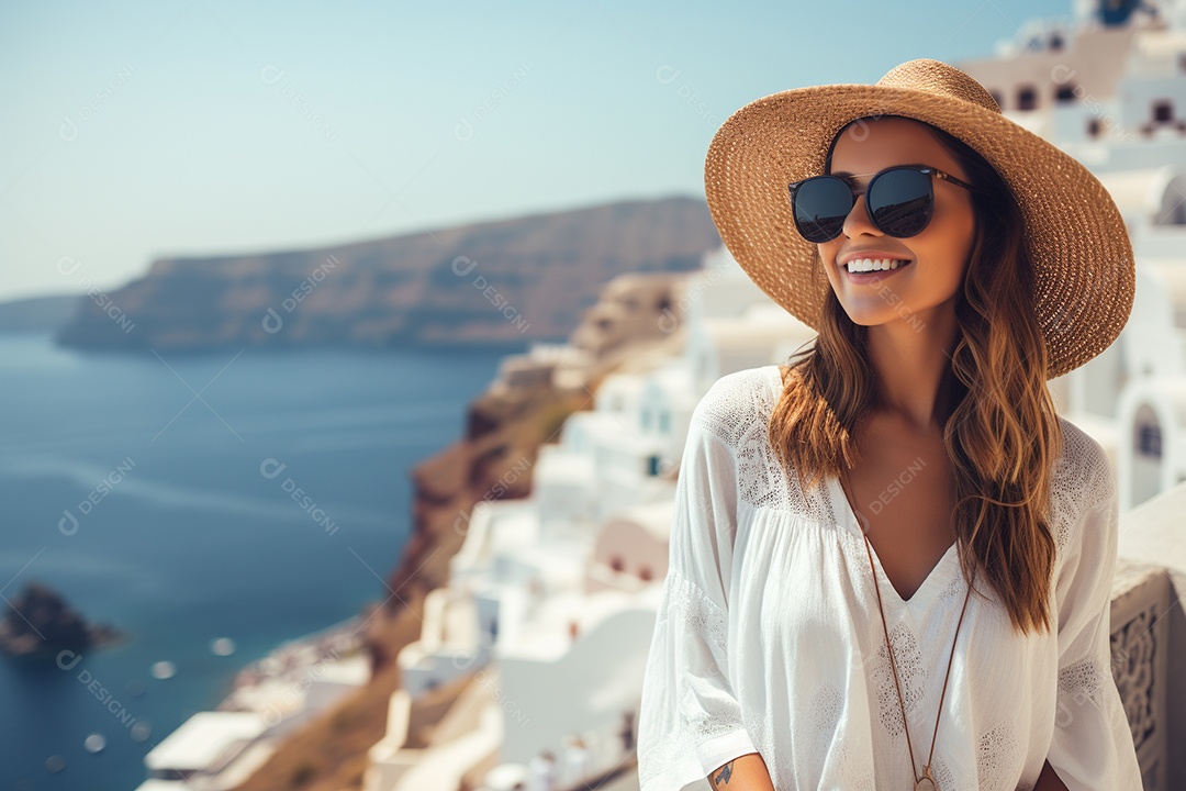 Mulher turista de Santorini