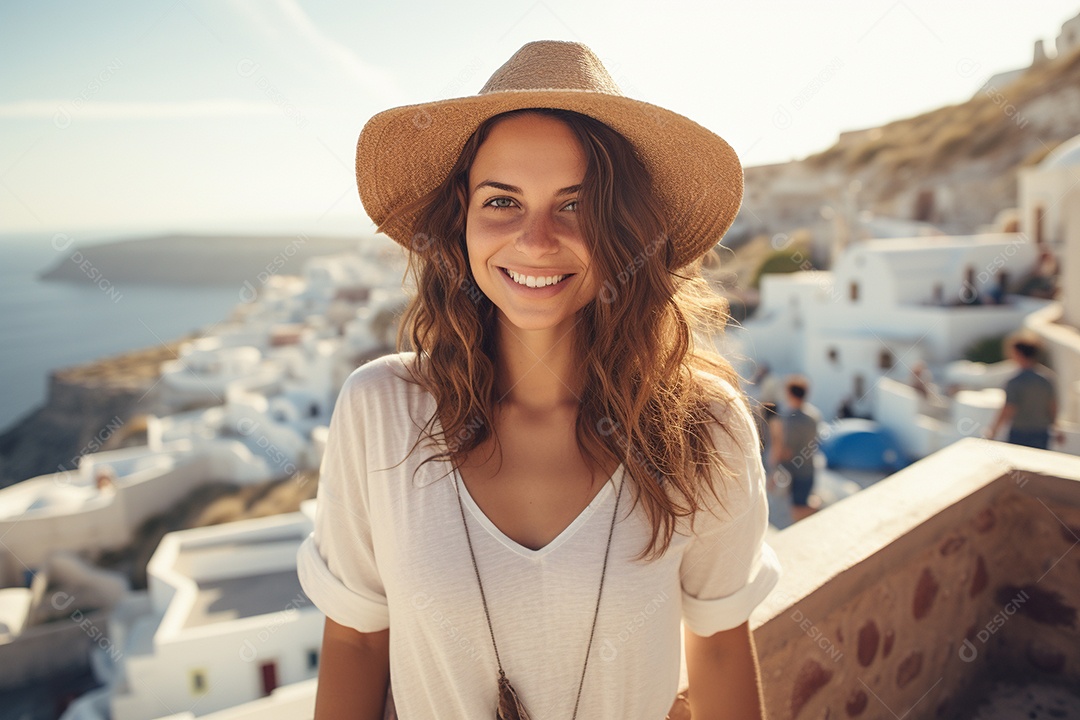 Mulher turista de Santorini